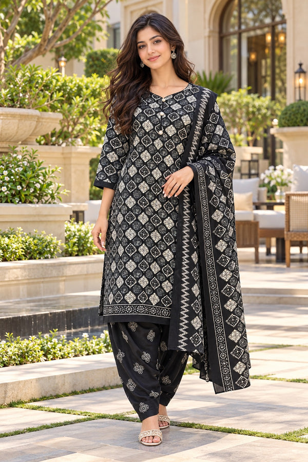 Black Cotton Blend Printed Ready to Wear Patiala Salwar Suit