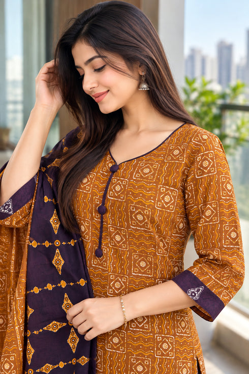 Mustard Cotton Blend Printed Ready to Wear Patiala Salwar Suit