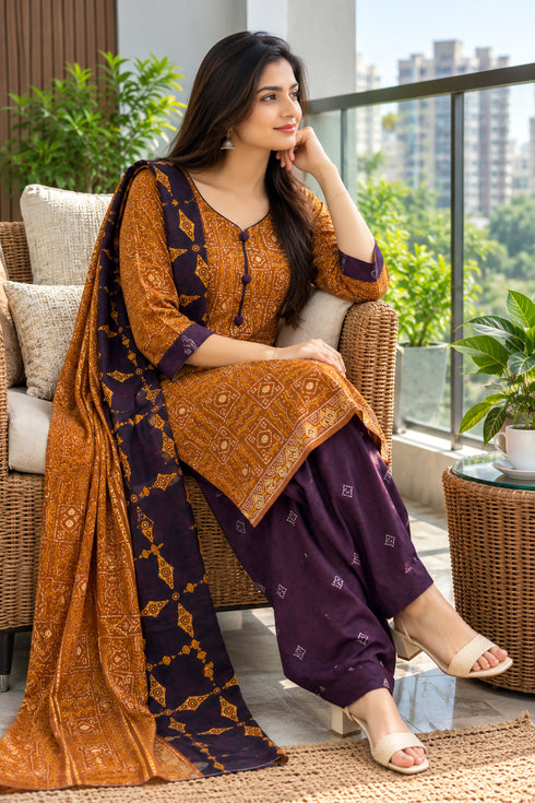 Mustard Cotton Blend Printed Ready to Wear Patiala Salwar Suit