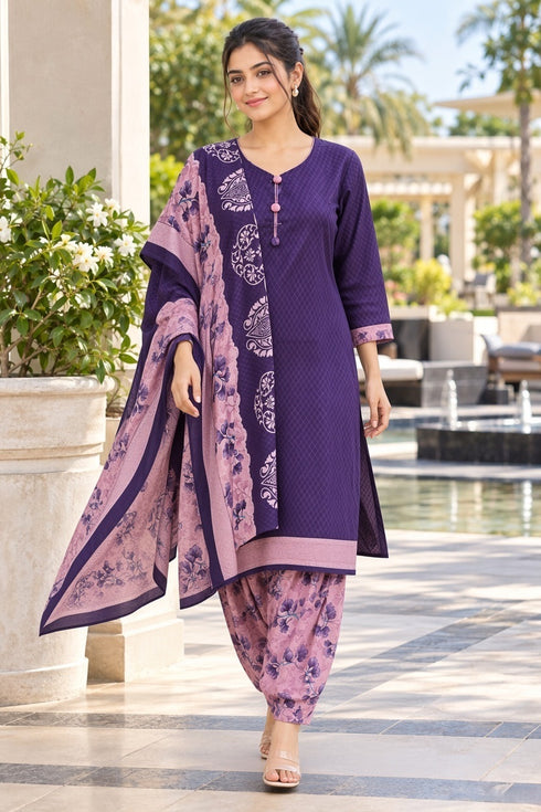 Purple Cotton Blend Printed Ready to Wear Patiala Salwar Suit