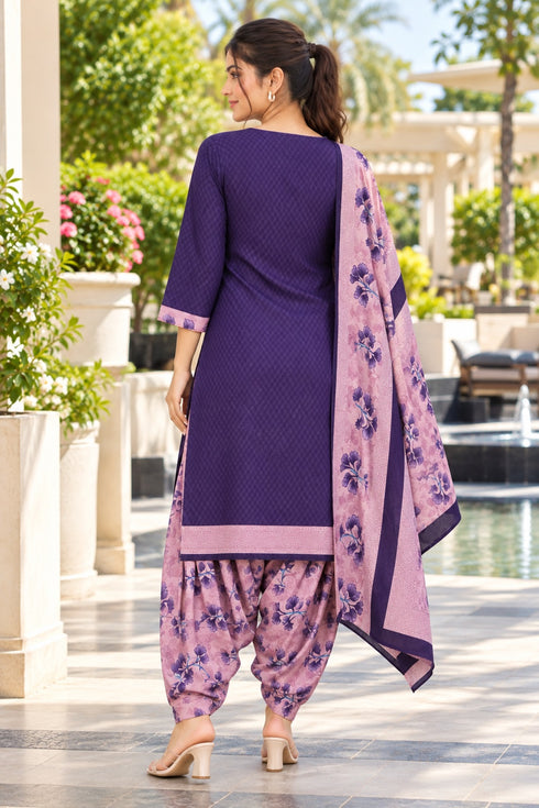 Purple Cotton Blend Printed Ready to Wear Patiala Salwar Suit