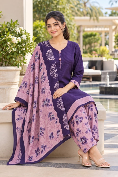 Purple Cotton Blend Printed Ready to Wear Patiala Salwar Suit