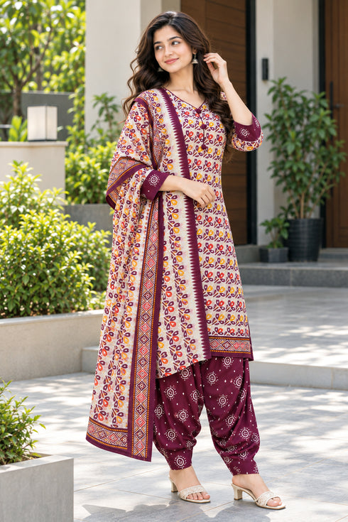 Beige & Wine Cotton Blend Printed Ready to Wear Patiala Salwar Suit