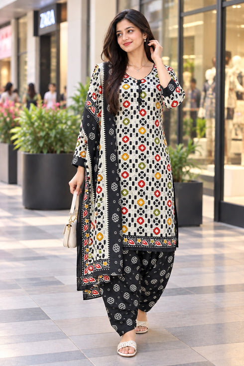 Off White Cotton Blend Printed Ready to Wear Patiala Salwar Suit