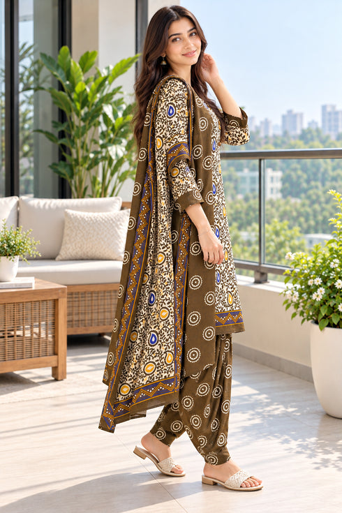 Beige Cotton Blend Printed Ready to Wear Patiala Salwar Suit