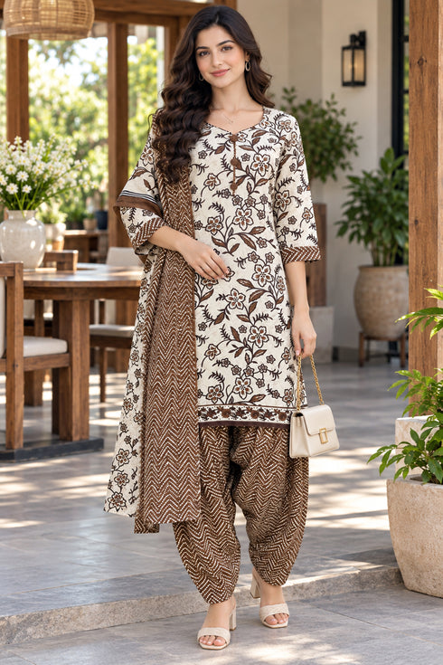 White & Brown Cotton Blend Printed Ready to Wear Patiala Salwar Suit