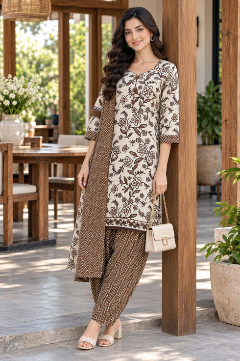 White & Brown Cotton Blend Printed Ready to Wear Patiala Salwar Suit
