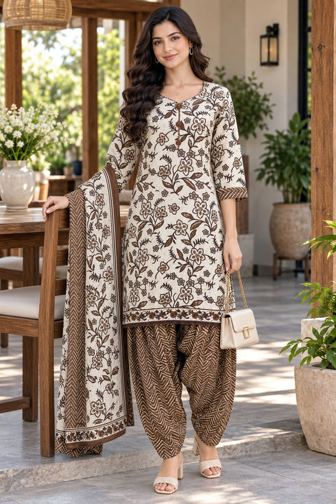 White & Brown Cotton Blend Printed Ready to Wear Patiala Salwar Suit
