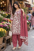 White & Red Cotton Blend Printed Ready to Wear Patiala Salwar Suit