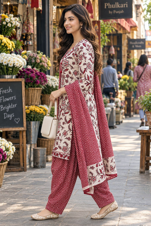 White & Red Cotton Blend Printed Ready to Wear Patiala Salwar Suit