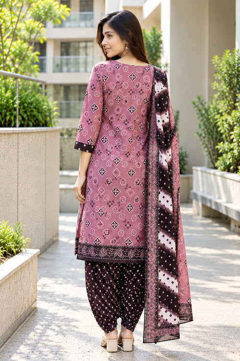 Dusty Pink Cotton Blend Printed Ready to Wear Patiala Salwar Suit