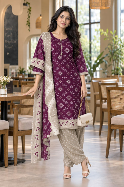 Wine Cotton Blend Printed Ready to Wear Patiala Salwar Suit