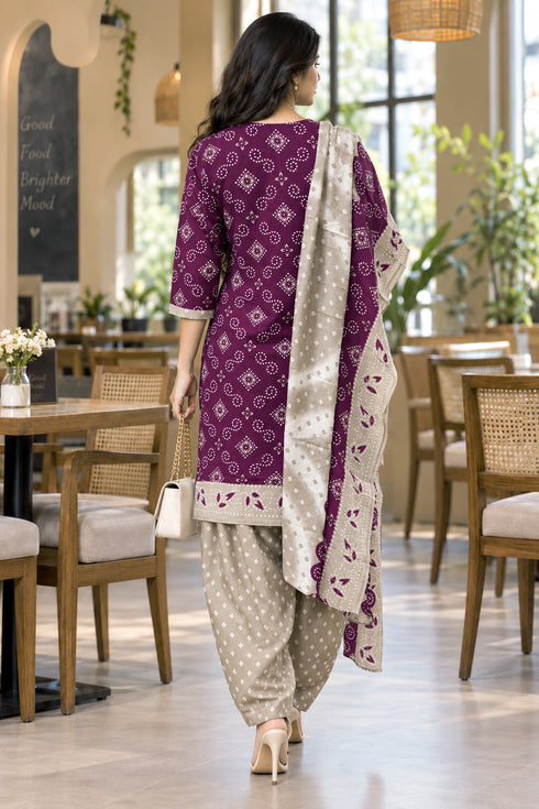 Wine Cotton Blend Printed Ready to Wear Patiala Salwar Suit