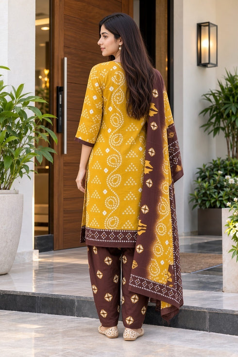 Mustard Cotton Blend Printed Ready to Wear Patiala Salwar Suit