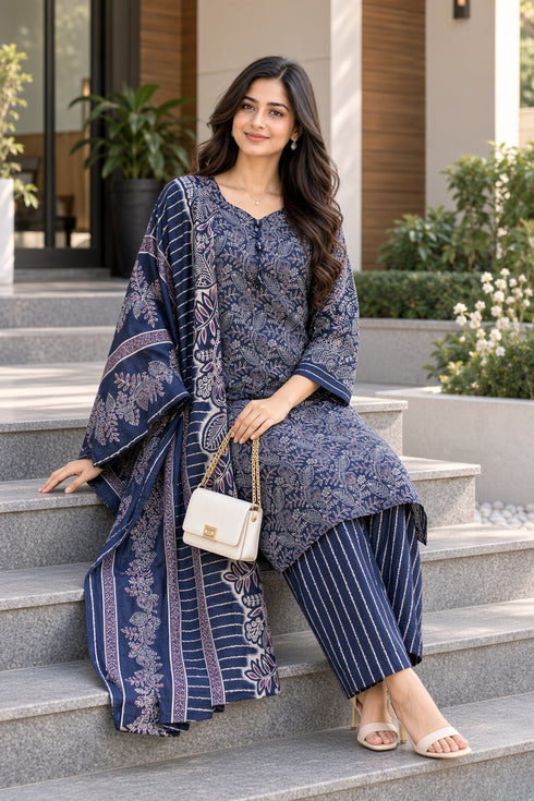 Blue Cotton Blend Printed Ready to Wear Patiala Salwar kurta sets women RW5284BU0926