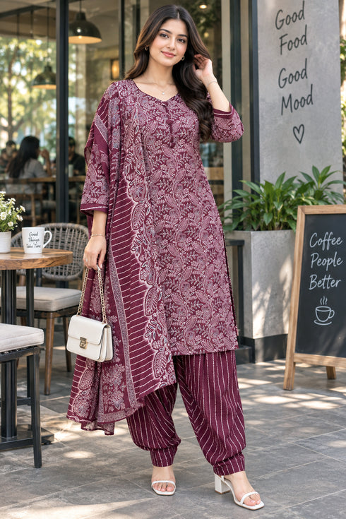 Wine Cotton Blend Printed Ready to Wear Patiala Salwar kurta sets women RW5285WN0926