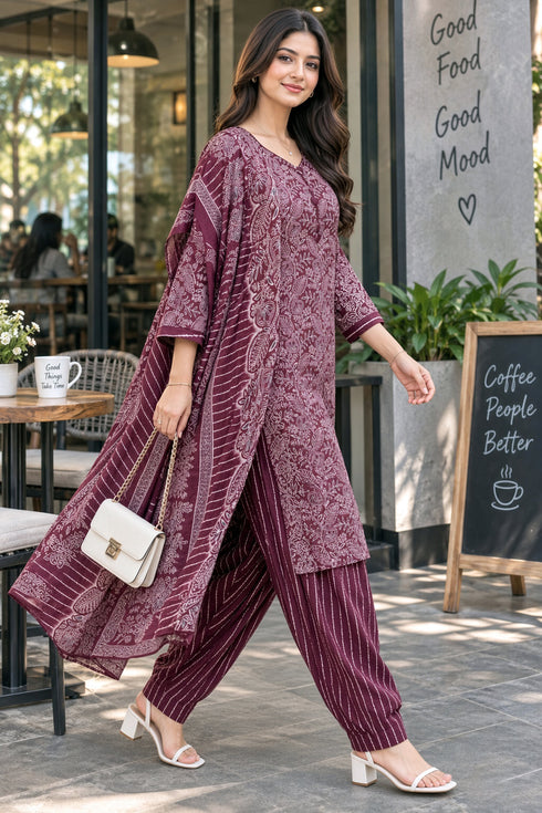 Wine Cotton Blend Printed Ready to Wear Patiala Salwar kurta sets women RW5285WN0926