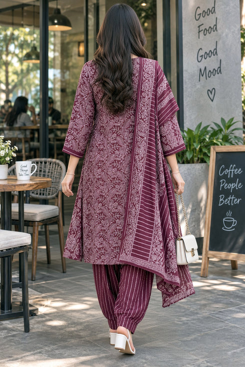 Wine Cotton Blend Printed Ready to Wear Patiala Salwar kurta sets women RW5285WN0926