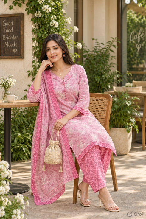 Baby Pink Cotton Blend Printed Ready to Wear Patiala Salwar Suit