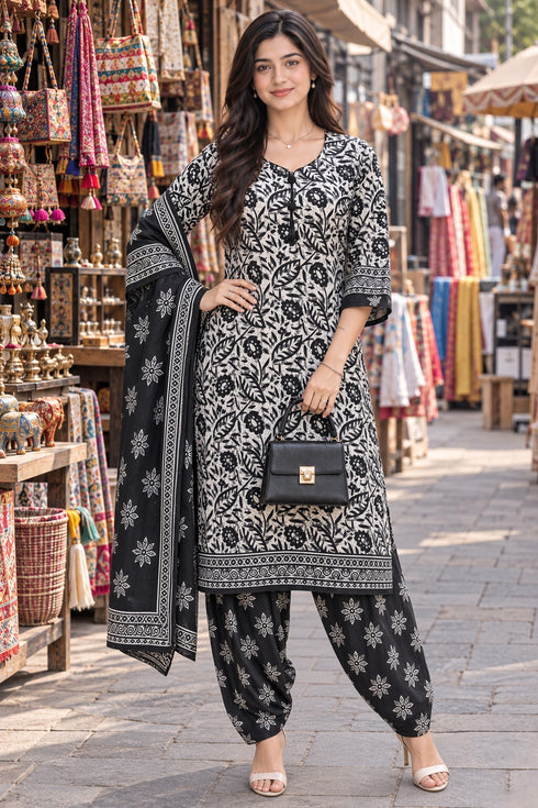 White & Black Cotton Blend Printed Ready to Wear Patiala Salwar Suit