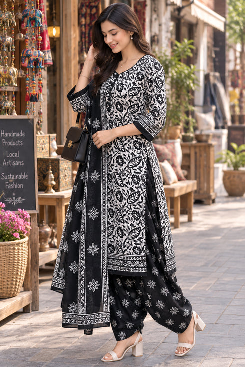 White & Black Cotton Blend Printed Ready to Wear Patiala Salwar Suit