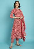 Maroon PC Cotton Jaipuri Printed Kurta With Pant & Dupatta