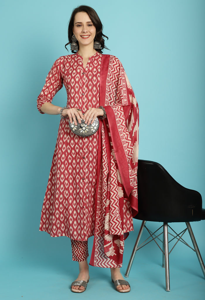 Maroon PC Cotton Jaipuri Printed Kurta With Pant & Dupatta