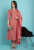 Maroon PC Cotton Jaipuri Printed Kurta With Pant & Dupatta