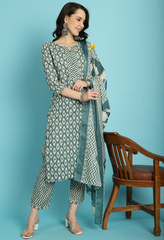 Sea Green PC Cotton Jaipuri Printed Kurta With Pant & Dupatta