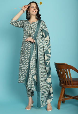 Sea Green PC Cotton Jaipuri Printed Kurta With Pant & Dupatta