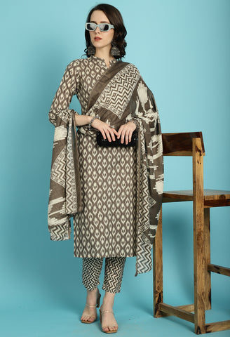 Olive Green PC Cotton Jaipuri Printed Kurta With Pant & Dupatta