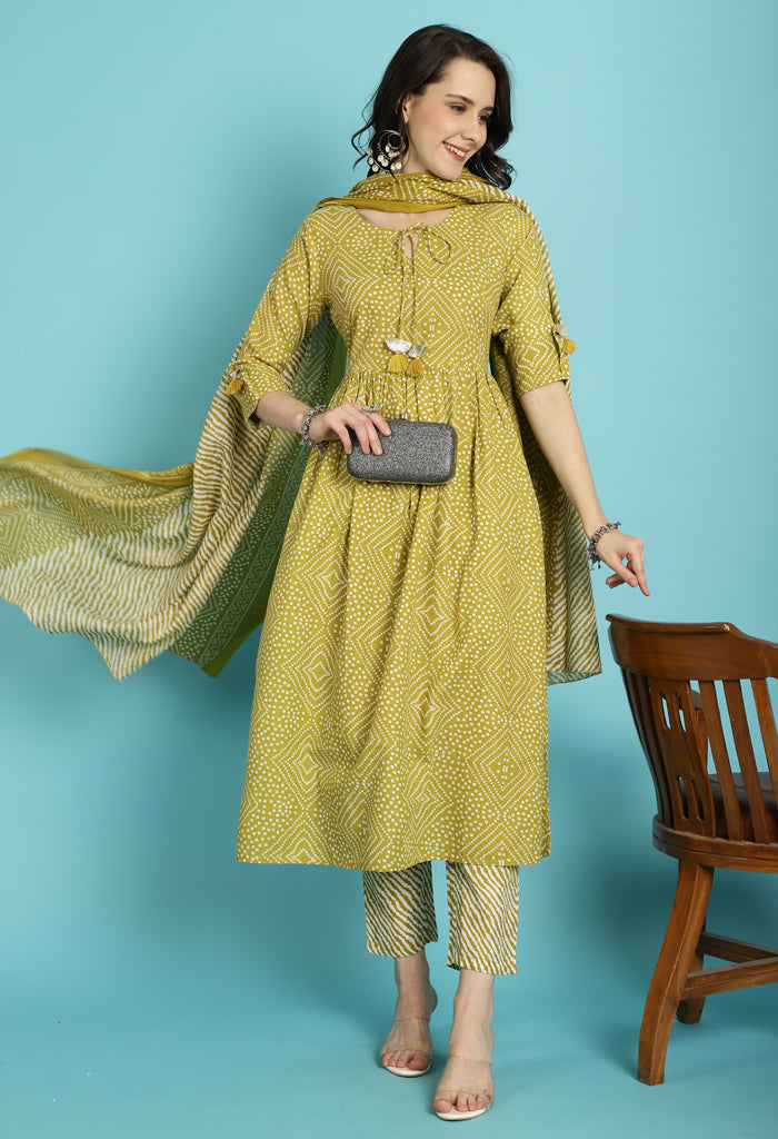 Mustard PC Cotton Jaipuri Printed Kurta With Pant & Dupatta