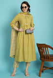 Mustard PC Cotton Jaipuri Printed Kurta With Pant & Dupatta