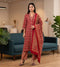 Red & Beige Cotton Blend Jaipuri Printed Kurta & Pant With Dupatta