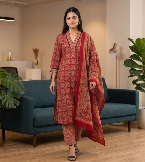 Red & Beige Cotton Blend Jaipuri Printed Kurta & Pant With Dupatta