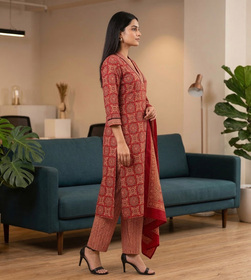 Red & Beige Cotton Blend Jaipuri Printed Kurta & Pant With Dupatta