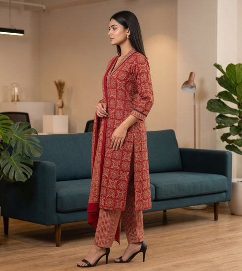 Red & Beige Cotton Blend Jaipuri Printed Kurta & Pant With Dupatta