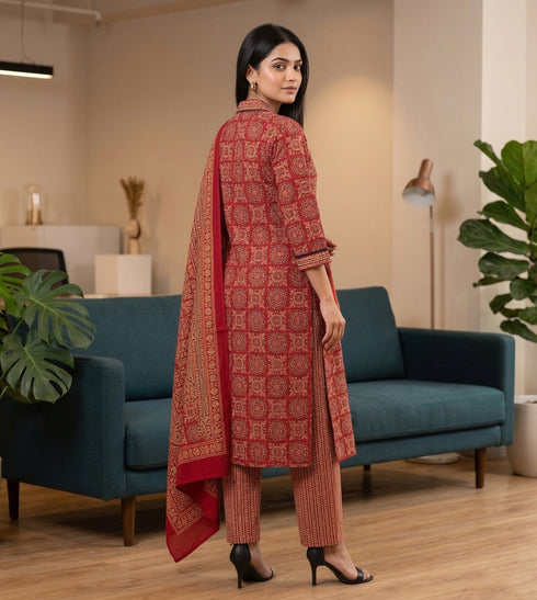 Red & Beige Cotton Blend Jaipuri Printed Kurta & Pant With Dupatta