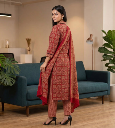 Red & Beige Cotton Blend Jaipuri Printed Kurta & Pant With Dupatta