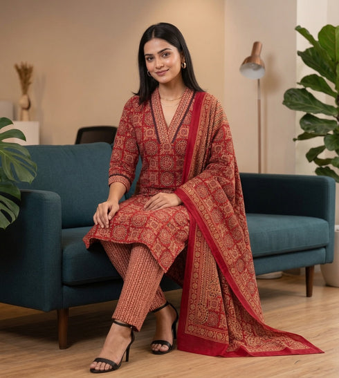 Red & Beige Cotton Blend Jaipuri Printed Kurta & Pant With Dupatta