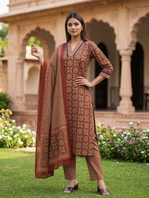 Maroon & Beige Cotton Blend Jaipuri Printed Kurta & Pant With Dupatta