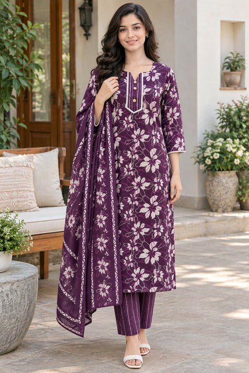 Wine Cotton Blend Jaipuri Printed Straight Kurta & Pant With Dupatta