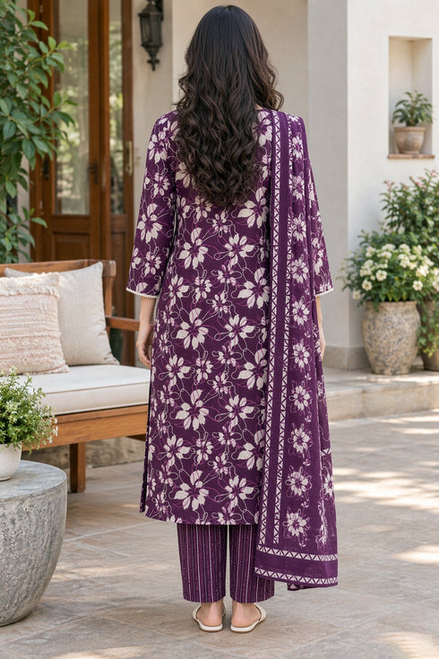 Wine Cotton Blend Jaipuri Printed Straight Kurta & Pant With Dupatta