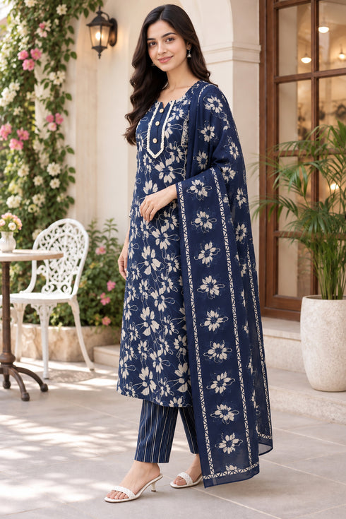 Navy Blue Cotton Blend Jaipuri Printed Straight Kurta & Pant With Dupatta