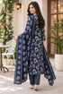 Navy Blue Cotton Blend Jaipuri Printed Straight Kurta & Pant With Dupatta