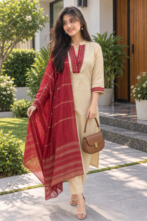 Beige Cotton Blend Solid Kurta & Pant With Dupatta