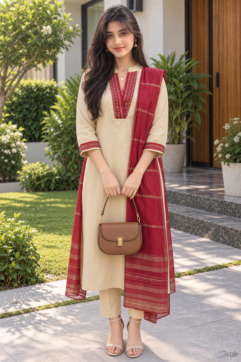 Beige Cotton Blend Solid Kurta & Pant With Dupatta