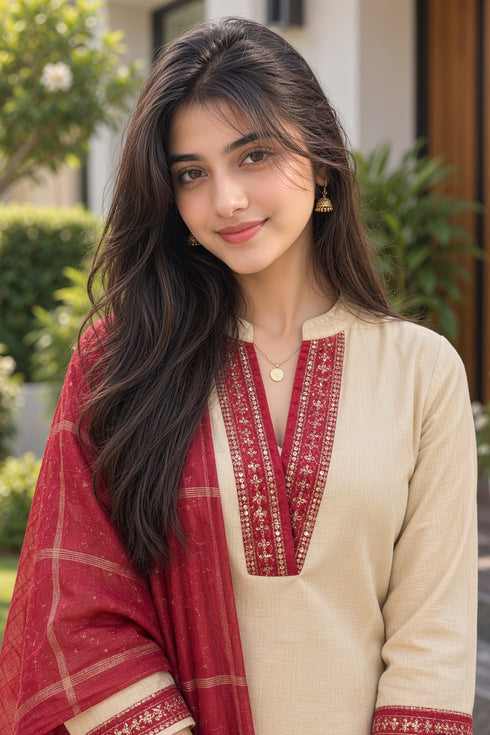 Beige Cotton Blend Solid Kurta & Pant With Dupatta