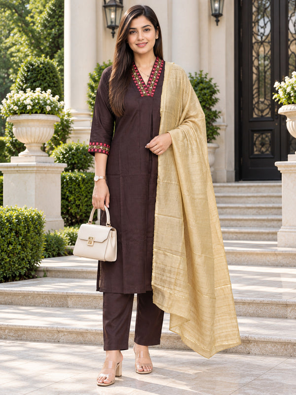 Brown Cotton Blend Solid Kurta sets women