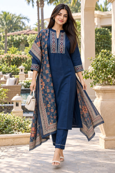 Navy Blue Cotton Blend Embroidered kurta sets women